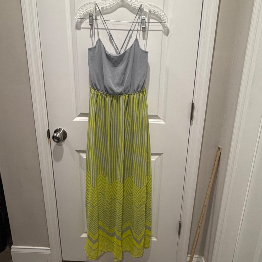 Freebird Womens Maxi Dress Chevron Striped Neon Yellow Gray Small